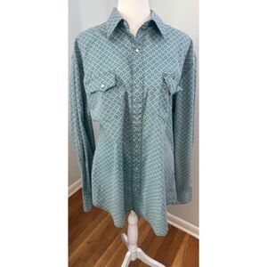Vintage Wrangler Wrancher Geometric Pearl Snap Shirt‎ XL Teal Western Unisex